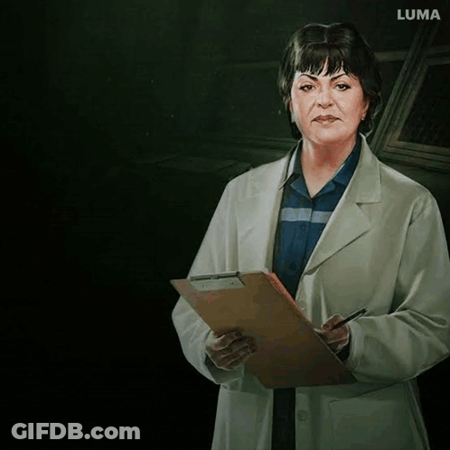 A Painting Of A Woman In A Lab Coat Holding A Clipboard And A Pen . GIF
