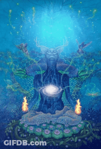 A Painting Of A Woman In A Lotus Position Surrounded By Flowers GIF