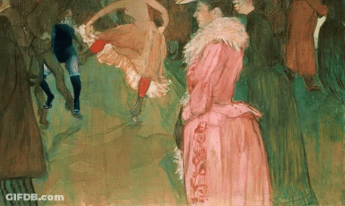 A Painting Of A Woman In A Pink Dress Standing In A Crowd Of People GIF