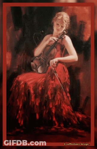A Painting Of A Woman In A Red Dress Playing A Violin By B Collections Design GIF