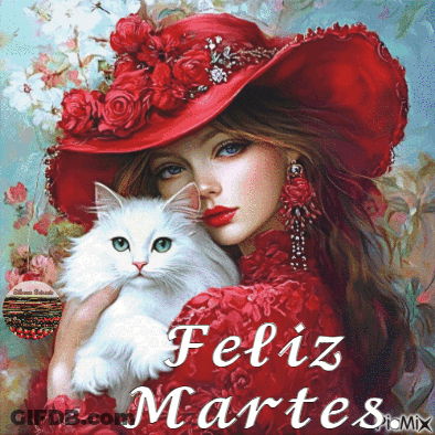 A Painting Of A Woman In A Red Hat Holding A White Cat With Feliz Martes Written Below Her GIF