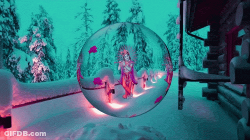 A Painting Of A Woman In A Snow Globe With Trees In The Background GIF