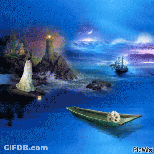 A Painting Of A Woman In A White Dress Standing On A Rock Near The Ocean With A Boat In The Foreground GIF