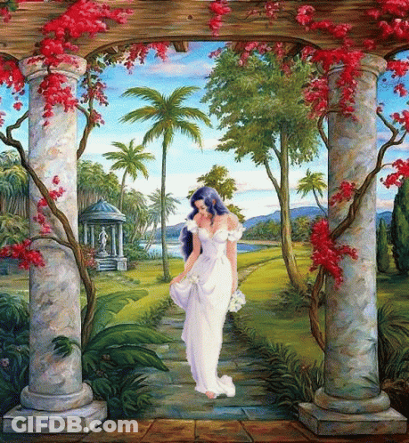 A Painting Of A Woman In A White Dress Walking Through A Pergola With Red Flowers GIF