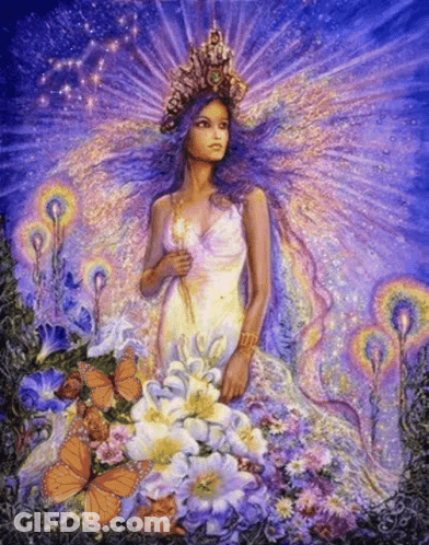 A Painting Of A Woman In A White Dress With A Crown On Her Head GIF