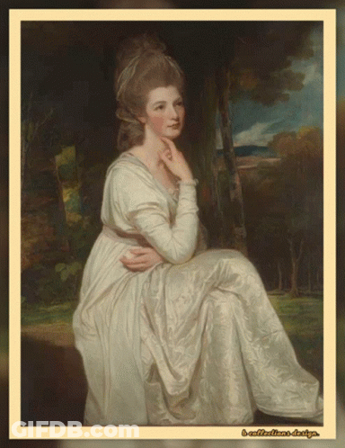 A Painting Of A Woman In A White Dress With The Words A Collection Of Design On The Bottom Right GIF
