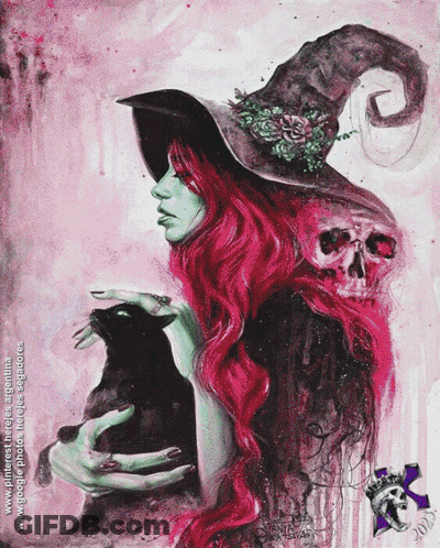 A Painting Of A Woman In A Witch Hat Holding A Cat GIF
