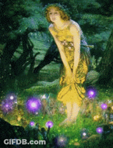 A Painting Of A Woman In A Yellow Dress In A Forest GIF