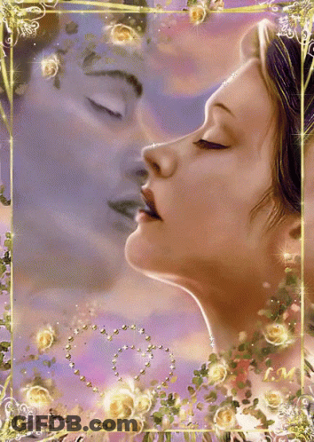 A Painting Of A Woman Kissing A Man With A Heart In The Background GIF