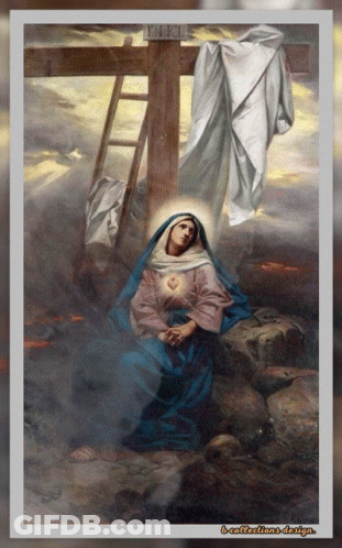 A Painting Of A Woman Kneeling Under A Cross With The Word Jesus Visible GIF