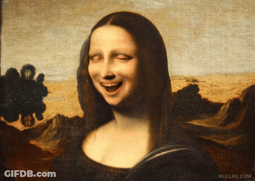 A Painting Of A Woman Laughing With Muglife.com Written On The Bottom Right GIF