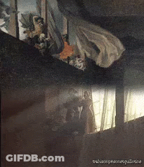 A Painting Of A Woman Laying On A Bed With A Reflection Of Her In The Window GIF