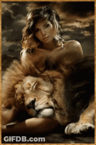 A Painting Of A Woman Laying On Top Of A Lion With A Gold Frame GIF
