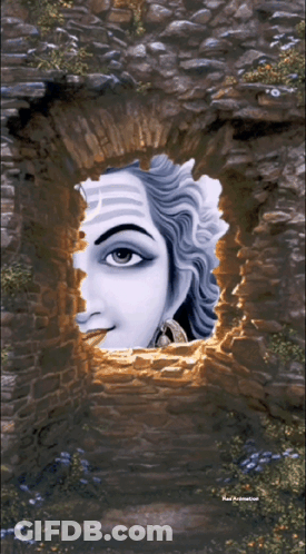 A Painting Of A Woman Looking Out Of A Hole In A Wall GIF