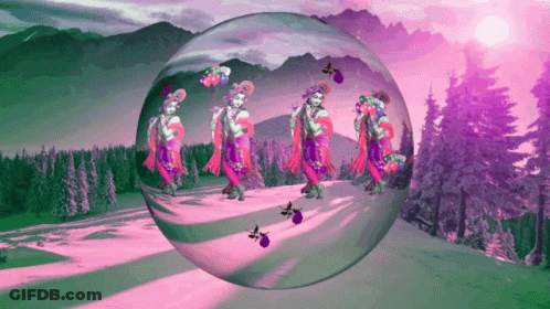 A Painting Of A Woman Playing A Flute In A Bubble With Mountains In The Background GIF