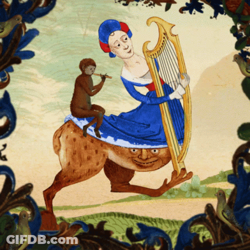 A Painting Of A Woman Playing A Harp With A Monkey Playing A Flute GIF
