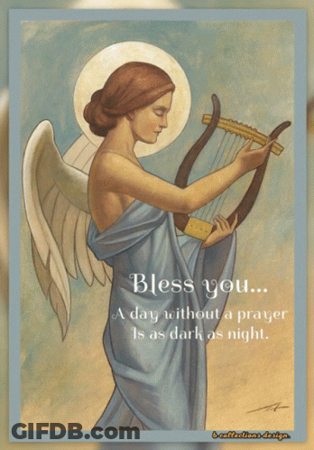 A Painting Of A Woman Playing A Harp With The Words Bless You On The Bottom GIF