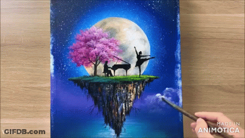 A Painting Of A Woman Playing A Piano And A Ballerina Dancing GIF