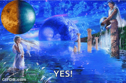 A Painting Of A Woman Pouring Water Into A River With The Words " Yes " In The Bottom Right Corner GIF