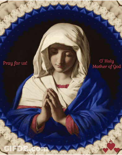 A Painting Of A Woman Praying With The Words Pray For Us On The Bottom GIF