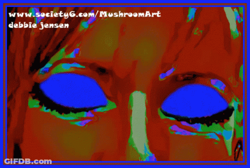 A Painting Of A Woman 'S Eyes With The Website Www.society6.com/mushroomart At The Top GIF