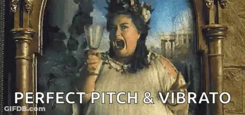 A Painting Of A Woman Screaming In Front Of A Mirror With The Words `` Perfect Pitch & Vibrato '' Written Below Her . GIF