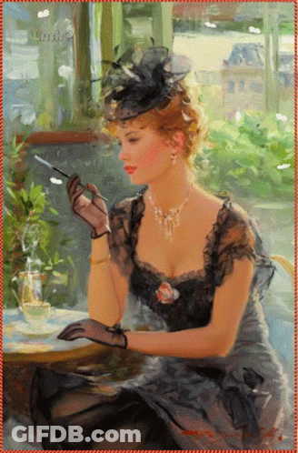 A Painting Of A Woman Sitting At A Table With A Cigarette GIF