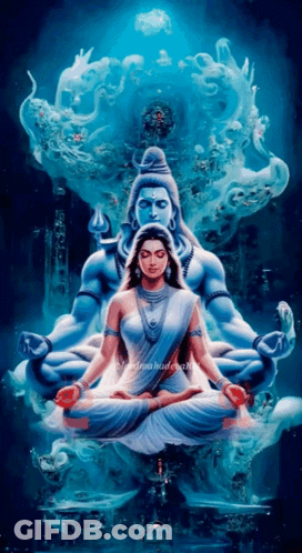 A Painting Of A Woman Sitting In A Lotus Position With A Statue Of Shiva Behind Her GIF