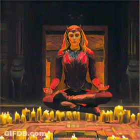 A Painting Of A Woman Sitting In A Lotus Position With Candles Around Her GIF