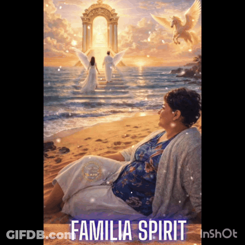 A Painting Of A Woman Sitting On A Beach With Familia Spirit Written Underneath Her GIF