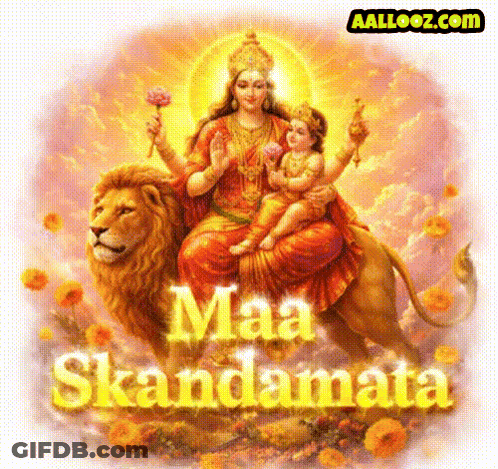 A Painting Of A Woman Sitting On A Lion With The Words Maa Skandamata Above Her GIF