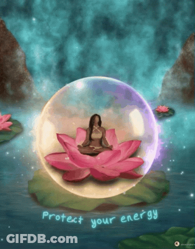 A Painting Of A Woman Sitting On A Lotus Flower With The Words " Protect Your Energy " Written Below Her GIF