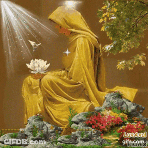 A Painting Of A Woman Sitting On A Rock Holding A Flower GIF