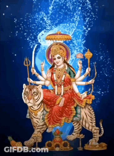 A Painting Of A Woman Sitting On Top Of A Tiger Holding A Trident GIF