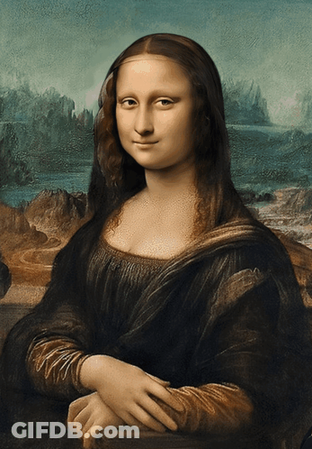 A Painting Of A Woman Sitting With Her Hands Folded In Front Of A Landscape GIF