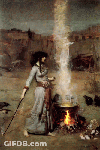 A Painting Of A Woman Standing In Front Of A Fire With Smoke Coming Out Of It GIF