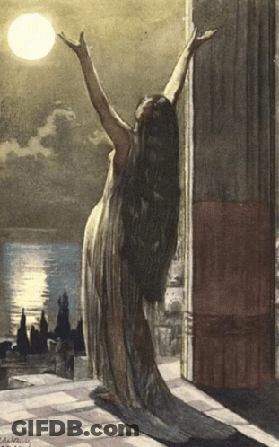 A Painting Of A Woman Standing In Front Of A Full Moon With Her Arms Up GIF