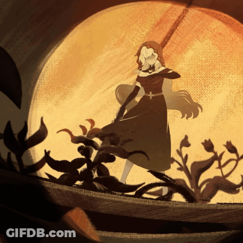 A Painting Of A Woman Standing In Front Of A Sunset GIF
