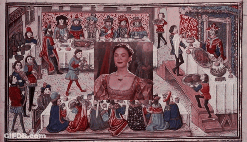 A Painting Of A Woman Standing In Front Of A Table GIF