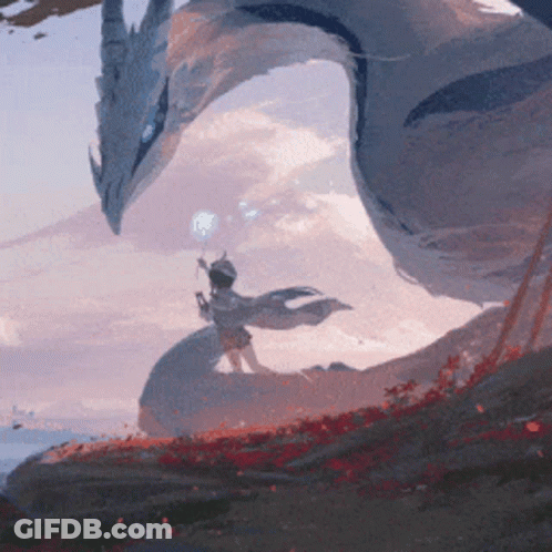 A Painting Of A Woman Standing Next To A Dragon GIF