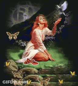 A Painting Of A Woman Surrounded By Butterflies And A White Bird GIF