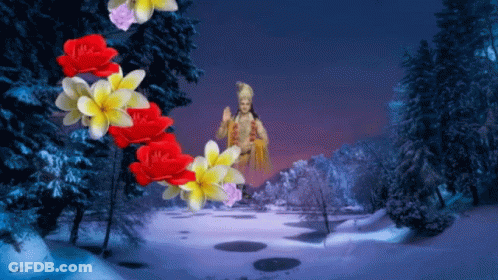 A Painting Of A Woman Surrounded By Flowers And Snow GIF