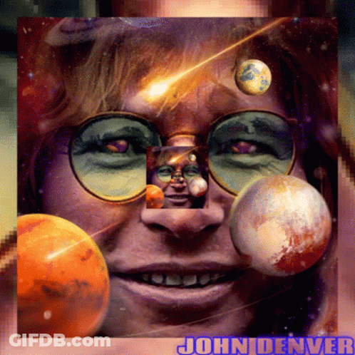 A Painting Of A Woman Surrounded By Planets With The Name John Denver Below It GIF