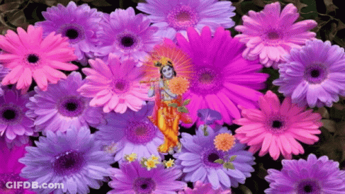 A Painting Of A Woman Surrounded By Purple And Pink Flowers GIF