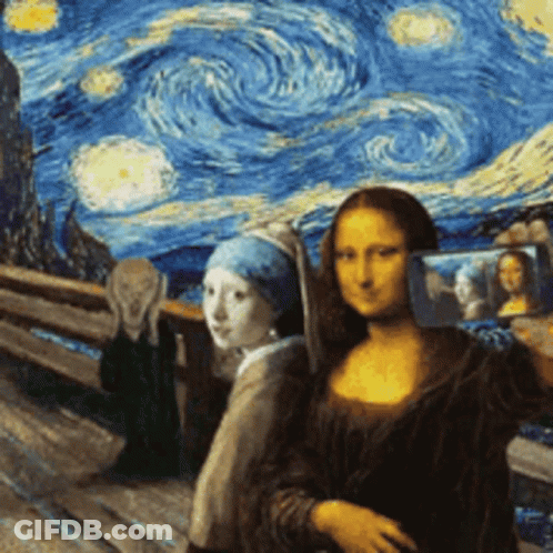 A Painting Of A Woman Taking A Picture Of Herself In Front Of A Starry Sky GIF