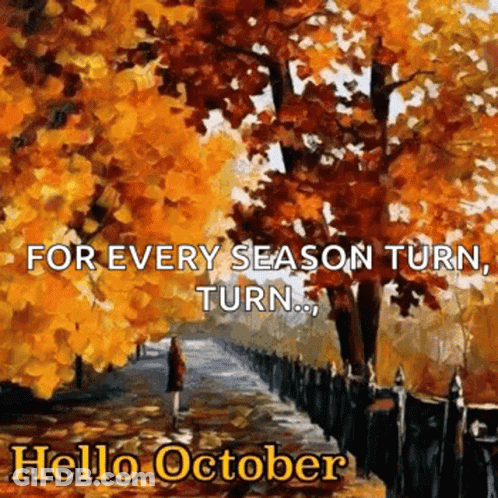 A Painting Of A Woman Walking Down A Path Surrounded By Trees With Autumn Leaves GIF