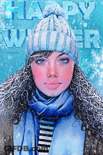 A Painting Of A Woman Wearing A Hat And Scarf With The Words Happy Winter Above Her GIF