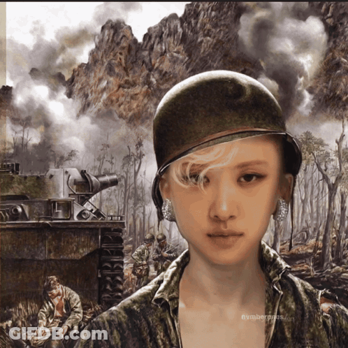 A Painting Of A Woman Wearing A Helmet And Earrings With The Word Amber On The Bottom GIF