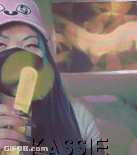 A Painting Of A Woman Wearing A Mask And Holding A Popsicle With The Name Kassie On It GIF