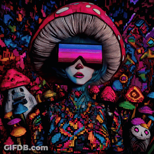 A Painting Of A Woman Wearing A Mushroom Hat And Sunglasses GIF